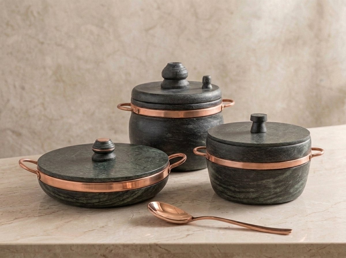 Kit 3 Panelas de pedra sabão com alças de cobre
