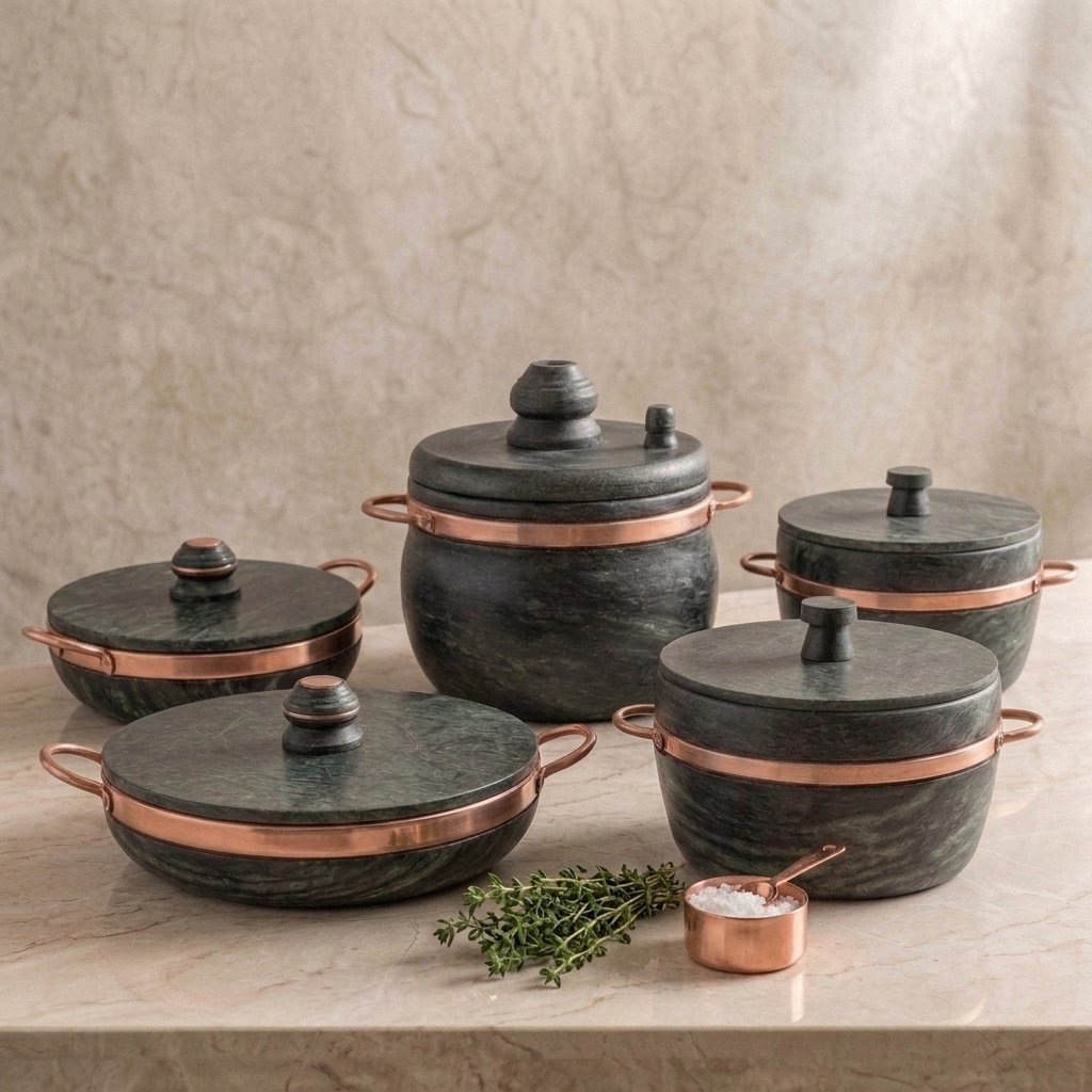 Kit 5 Panelas de pedra sabão com alças de cobre