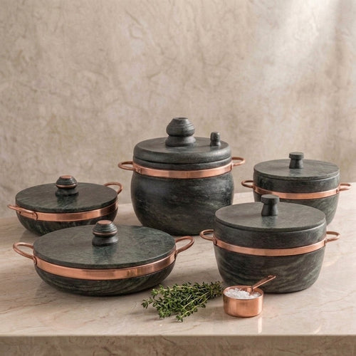 Kit 5 Panelas de pedra sabão com alças de cobre